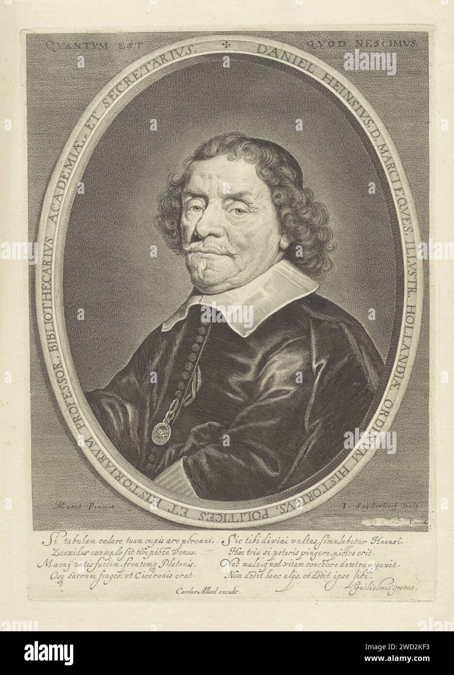 Portrait de Daniel Heinsius, Jonas Suyderhoef, d'après Jacob Fransz van der Merck, 1673 - 1709 print Portrait de Daniel Heinsius, professeur de politique et d'histoire, bibliothécaire universitaire et secrétaire à l'Université de Leiden. Au bas de la marge, deux versets de quatre lignes en latin. Imprimeur : Haarlem Editeur : Amsterdam professeur de gravure sur papier (+ portrait de professeur, professeur) Banque D'Images