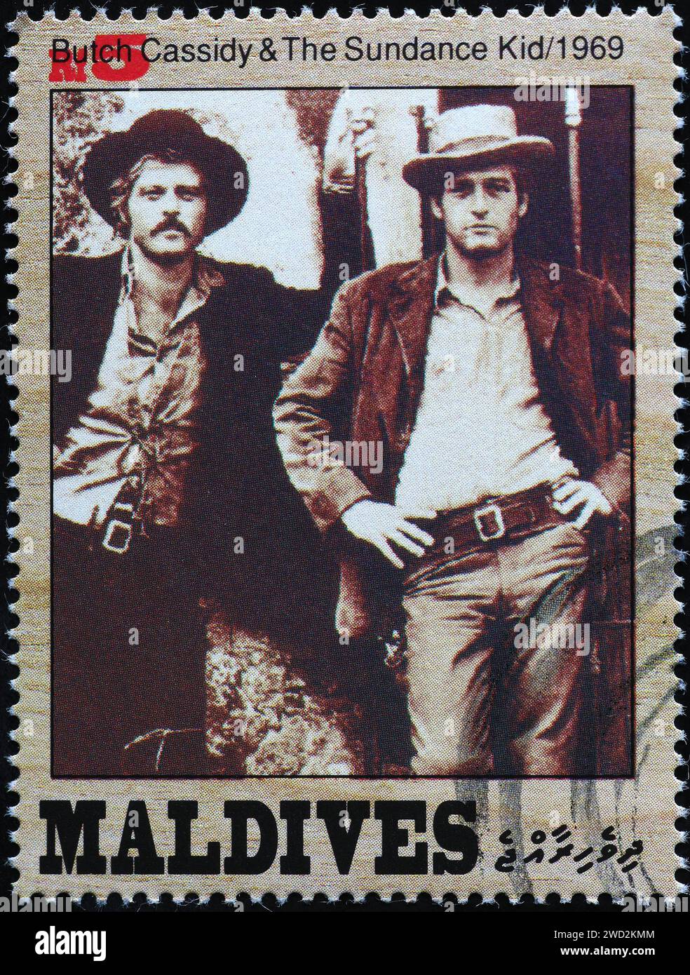 Photo de Robert Redford et Paul Newman dans 'Butch Cassidy' sur timbre-poste Banque D'Images