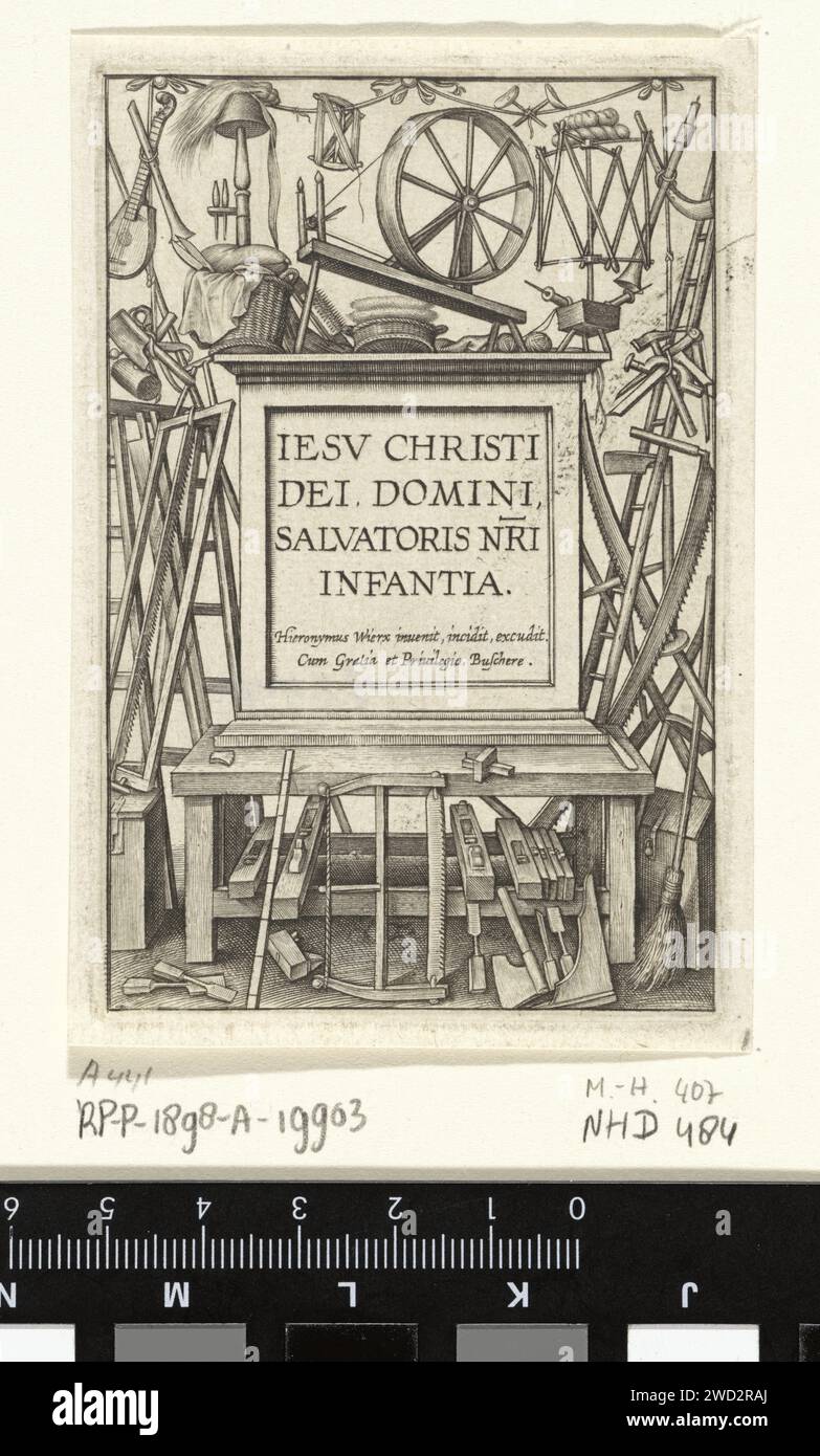 Atelier avec outils, Hieronymus Wierix, 1563 - avant 1619 imprimer sur l'atelier un cadre avec le titre de la série en latin. Autour de toutes sortes d'outils et d'articles ménagers. Anvers gravure papier outils de jardinage. meubles et effets ménagers Banque D'Images