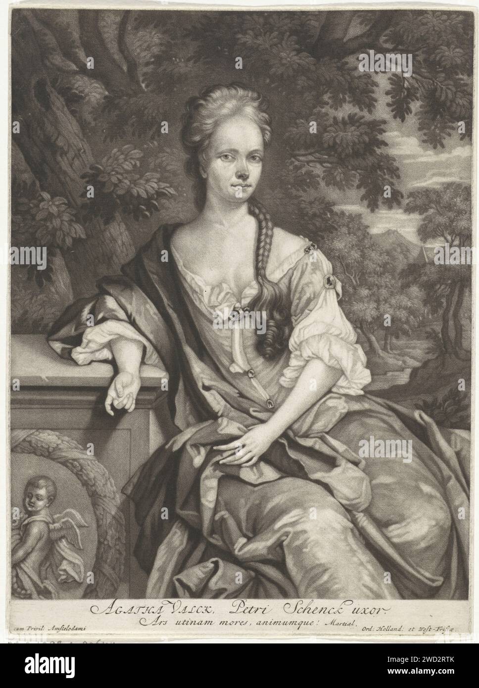 Portrait d'Agatha Valck, Pieter Schenk (I), 1690 - 1713 estampe Agatha Valck, épouse de l'imprimeur et éditeur Pieter Schenk. Jardin de gravure sur papier Amsterdam Banque D'Images