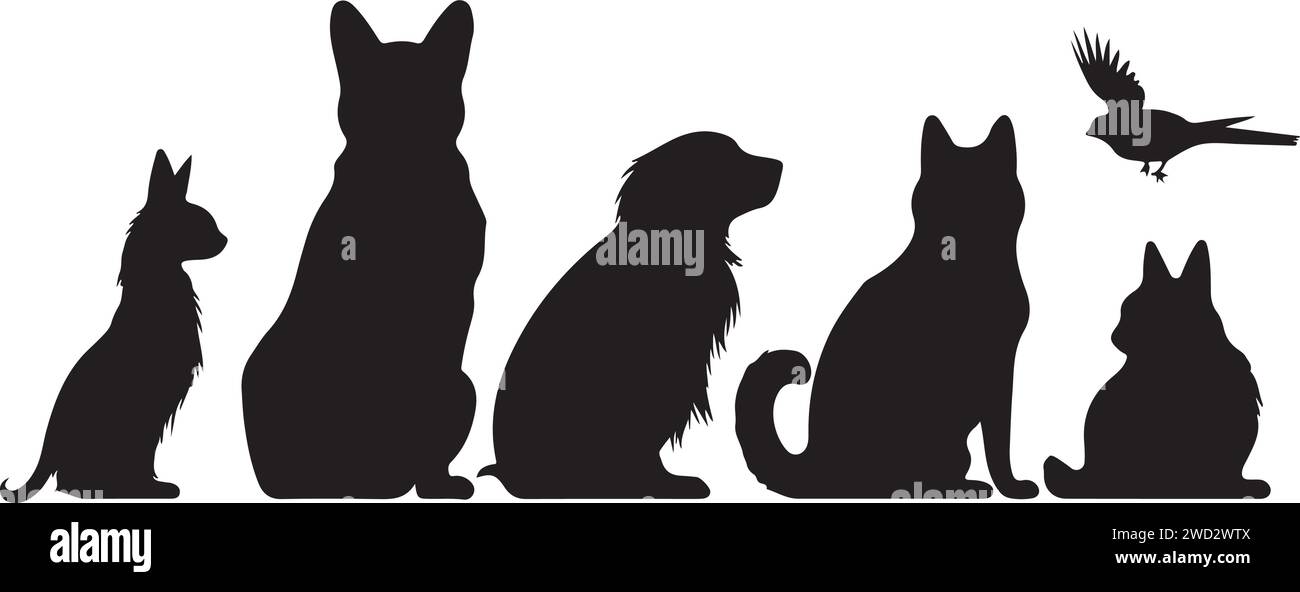 Groupe d'animaux de compagnie ; chien, chat, furet, lapin, oiseau, poisson, rongeur, silhouette noire solide vecteur Illustration. Illustration de Vecteur