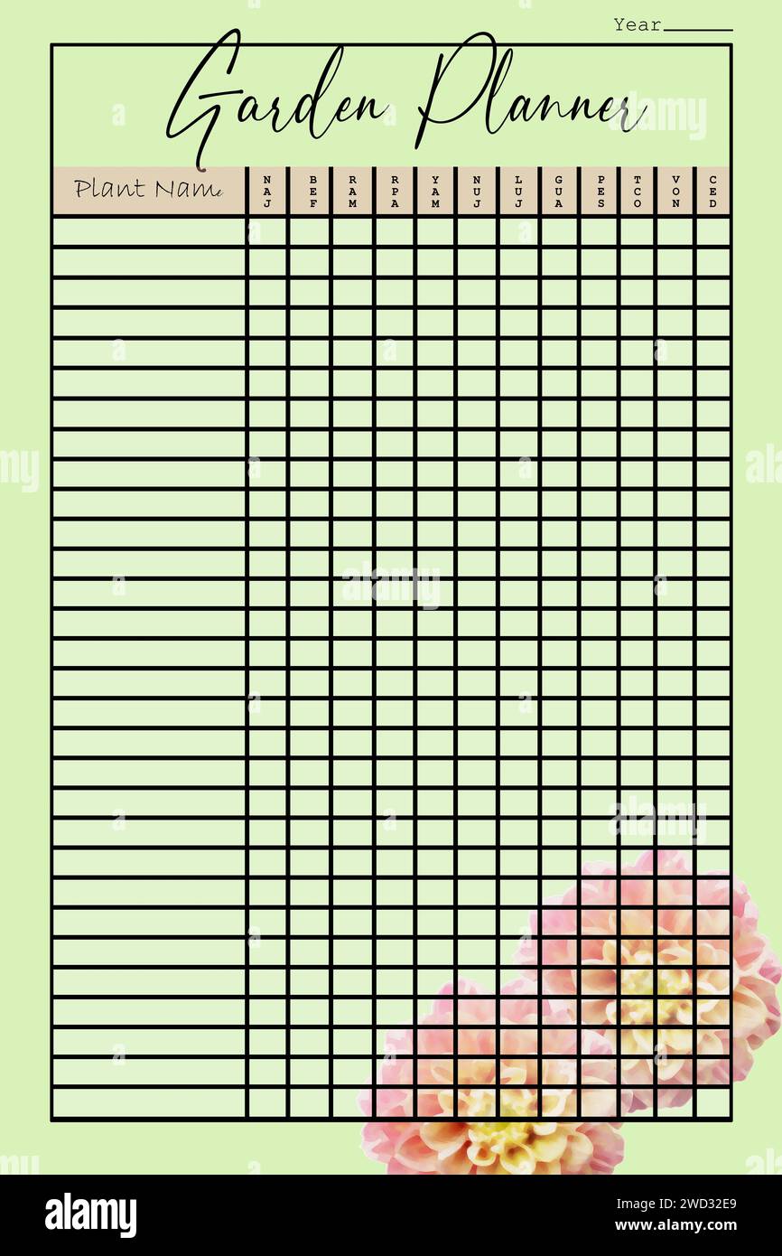 Jolie page de journal de planificateur de jardin pour organiser les plantes énumérées avec les mois de l'année. Banque D'Images