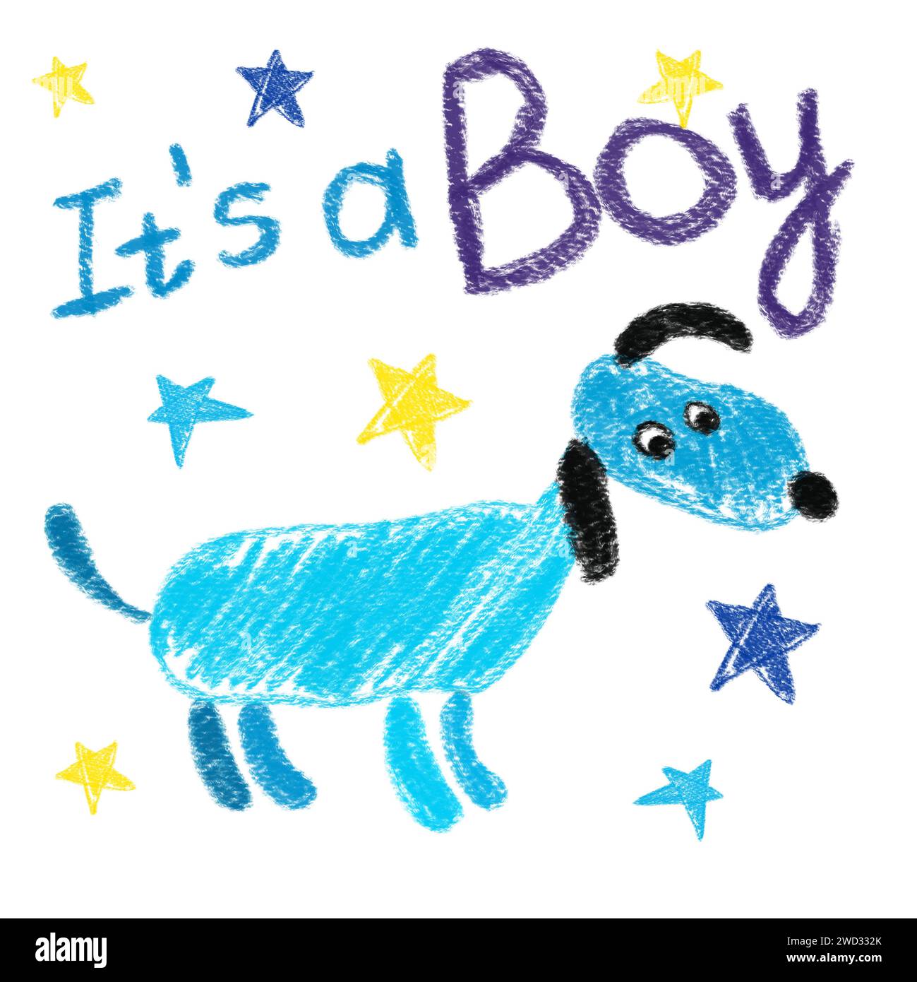 Chien bleu dessiné à la main sur fond blanc. Chien mignon avec lettrage - c'est un garçon. Dessins d'enfants utilisant la technique du crayon. Images isolées. Pour la conception et Banque D'Images