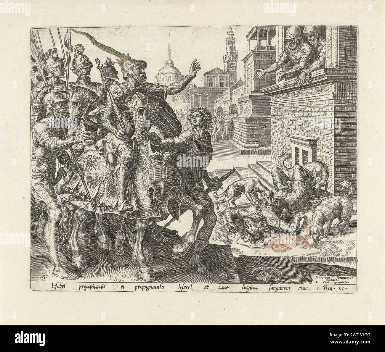 Le corps d'Izebel est mangé par les chiens, Philips Galle, d'après Maarten van Heemskerck, c. 1561 estampe après sa mort, le corps d'Izebel est mangé par les chiens pour les portes de la ville. Jéhu, le nouveau roi d'Israël, regarde la scène avec ses soldats. Imprimeur : Haarlempublisher : Anvers gravure sur papier les chiens mangent le corps de Jezebel Banque D'Images
