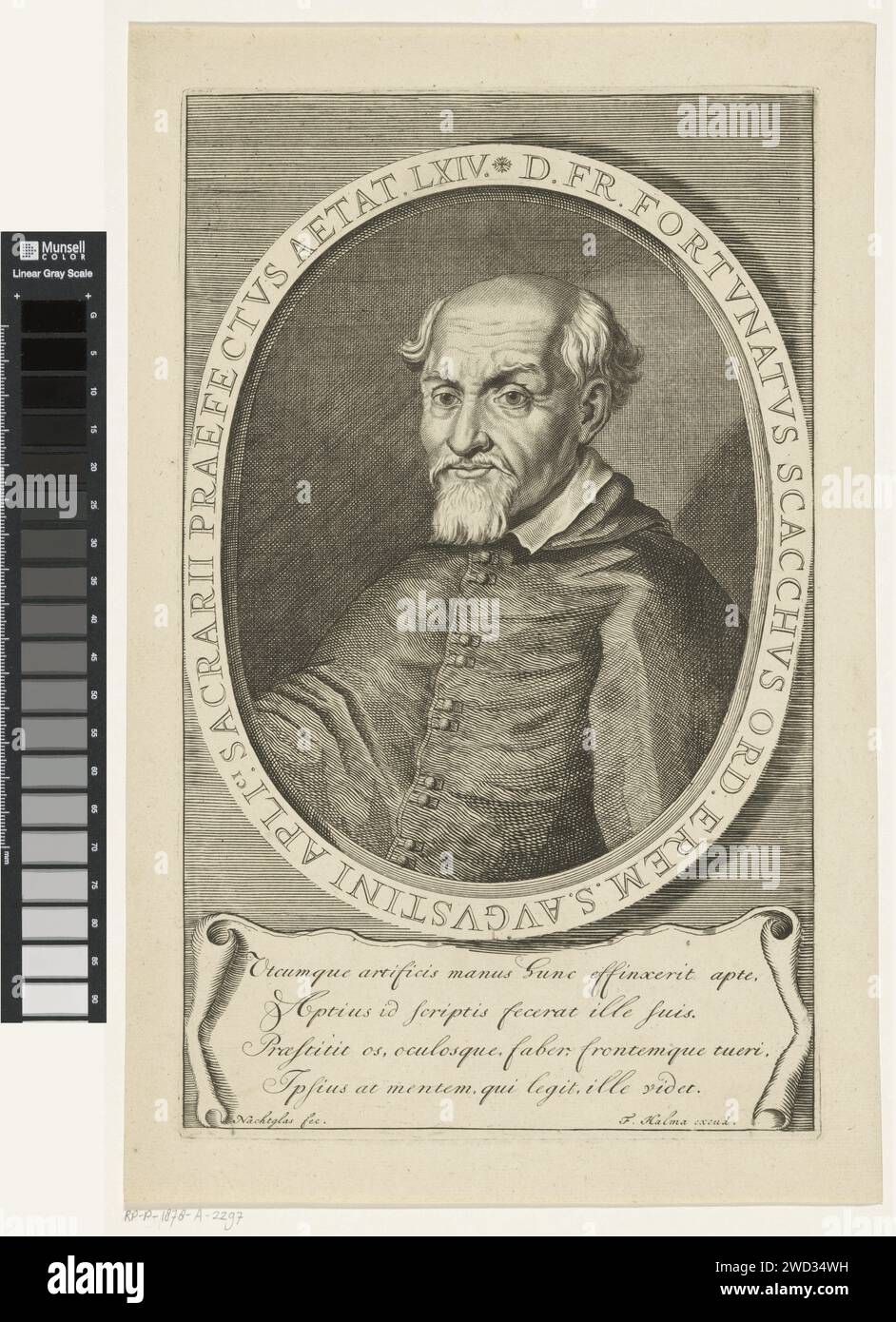 Portret Van Fortunato Scacchi, Jacobus Nachtglas, 1690 - 1710 print Buste de Fortunato Scacchi à gauche dans Ovaal avec une écriture de bordure en latin. Au bas de la marge, un texte de quatre lignes en latin. Gravure sur papier Utrecht Banque D'Images