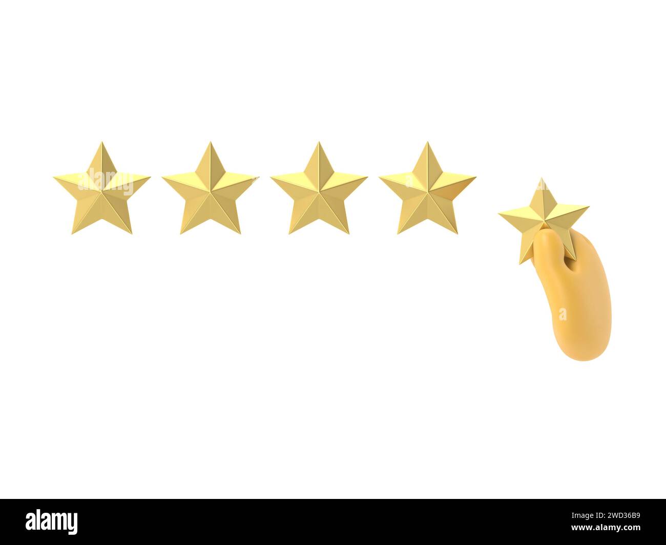 Nombre d'étoiles. Tenant une étoile d'or, pour donner cinq. Concept de feedback. Système d'évaluation. Avis positif. illustration 3d conception plate. Travail de qualité.3D ren Banque D'Images