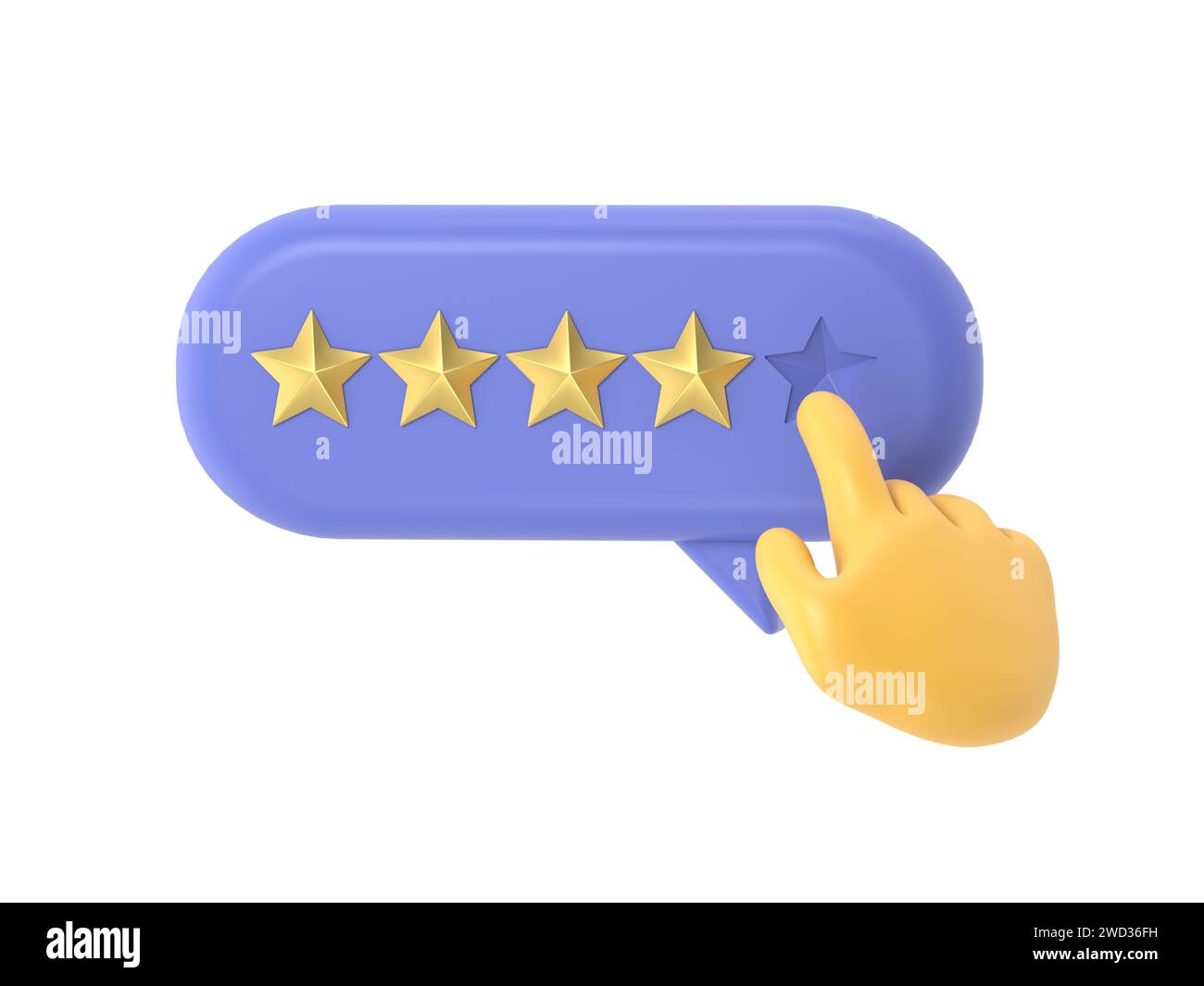 Main de l'utilisateur pointant sur le formulaire de sondage et choisissant l'étoile jaune. Avis client positif cinq étoiles. Feedback en ligne, rendu 3D sur fond blanc. Banque D'Images