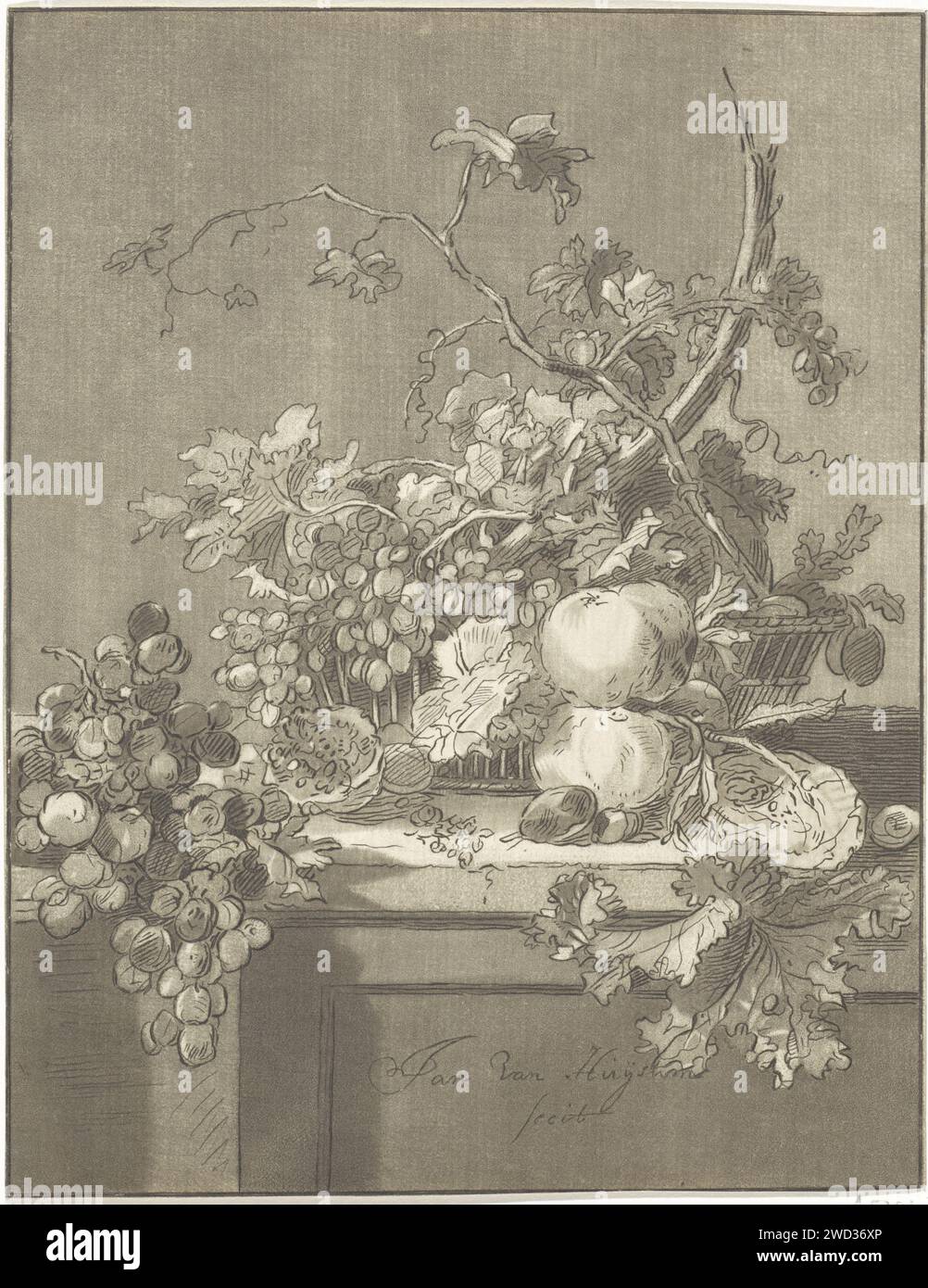 Panier avec des fruits, Bernhard Schreuder, d'après Jan van Huysum, 1767 - 1780 imprimer pays-Bas papier gravure de fruits Banque D'Images