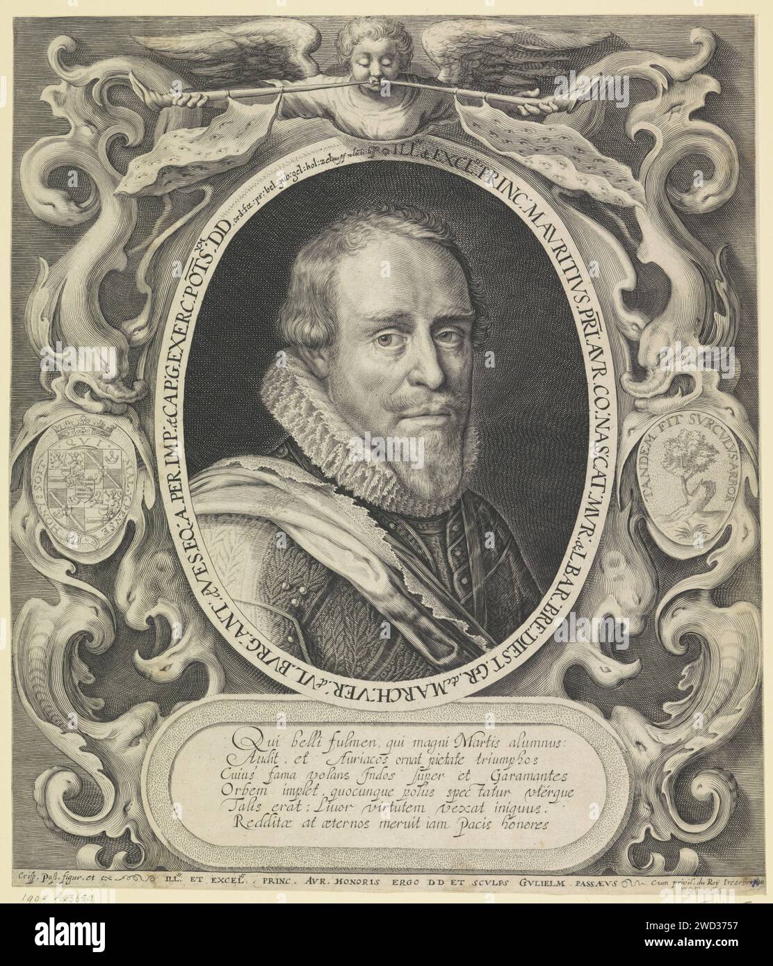 Portrait de Maurits, Prince d'Orange, Willem van de passe, d'après Crispijn van de passe (I), 1580 - 1637 tirage Portrait de Maurits dans un ovale avec bord. Dans un cadre six lignes de texte latin. Entièrement dans un cadre orné avec son arme, l'Oranjeboom avec sa devise et la renommée avec deux trompettes. Pays bas (éventuellement) gravure sur papier / gravure Hunger ; 'Fama', 'Good Fame', 'Chiara Fame' (Ripa) (+ concept abstrait réprimé par des figures féminines) Banque D'Images