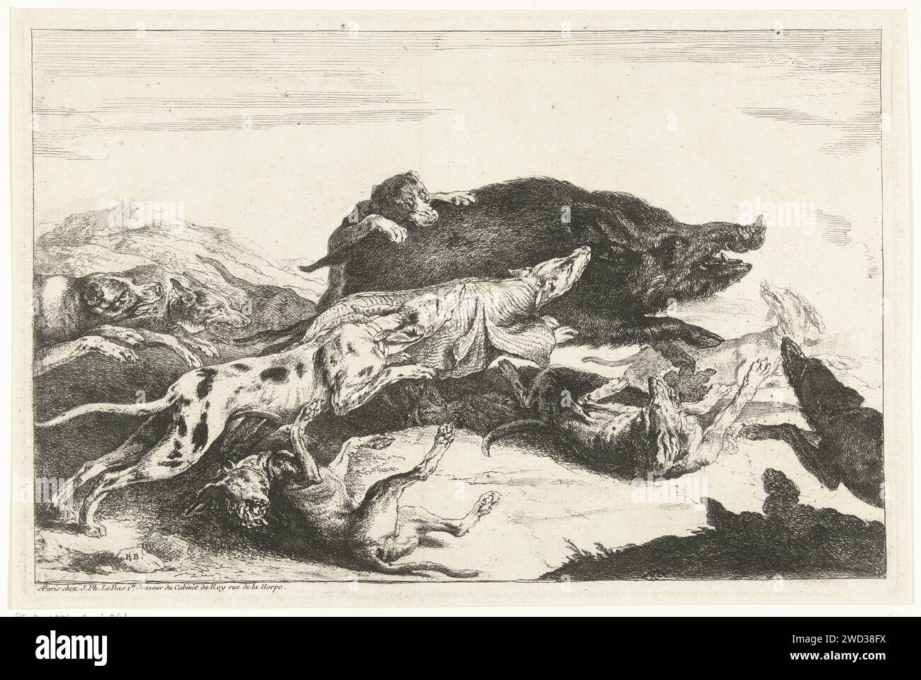 Les chiens chassent un Zwijn, Peeter Boel, 1727 - 1783 imprimer Wildezwijnenjacht. Une meute de chiens conduit un sanglier. Imprimeur : inconnu éditeur : Paris chasse à la gravure sur papier  mammifères. chasse au sanglier Banque D'Images