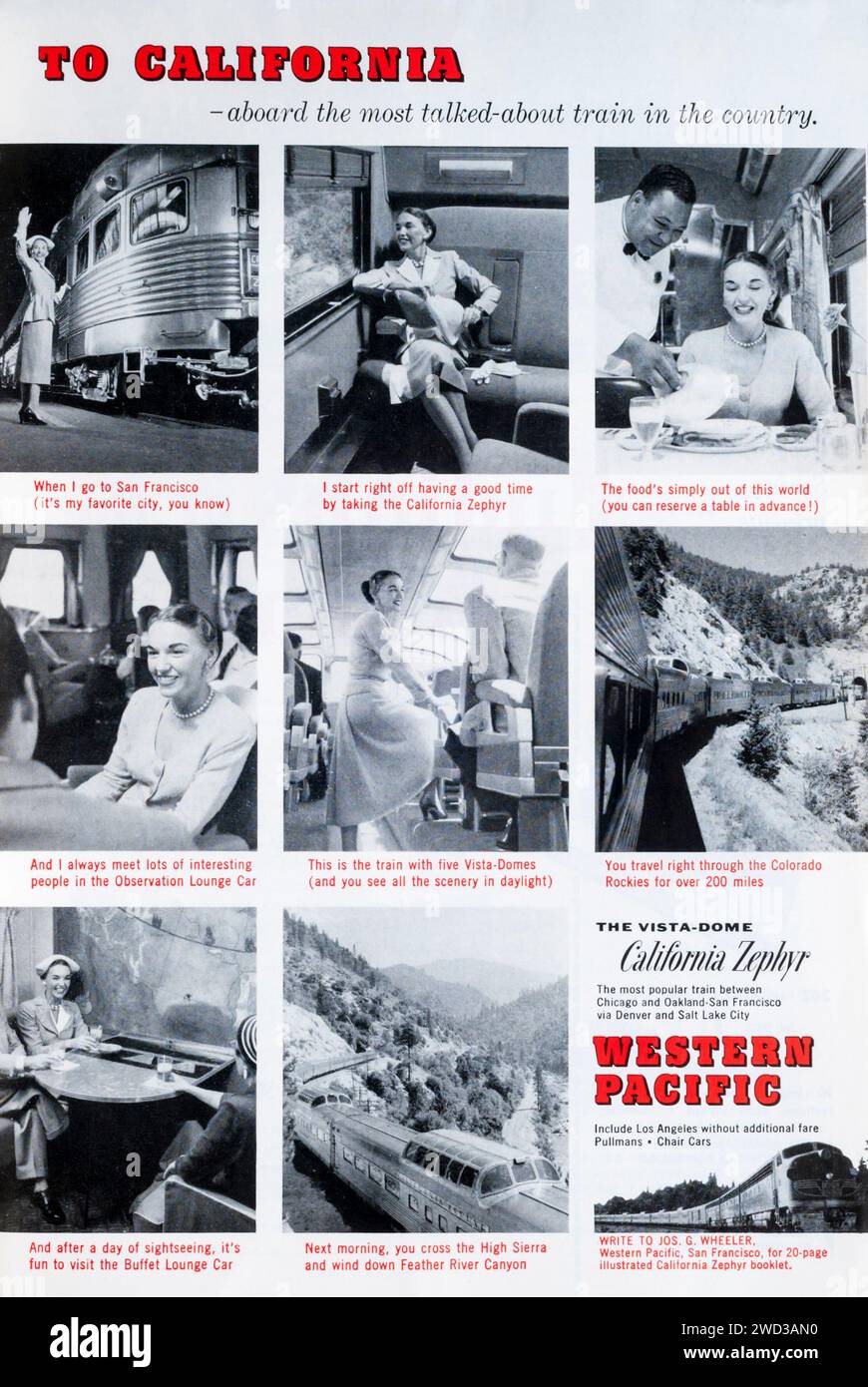 Le magazine 1955 annonce des voyages en Californie sur le train Western Pacific Vista-Dome California Zephyr. Banque D'Images