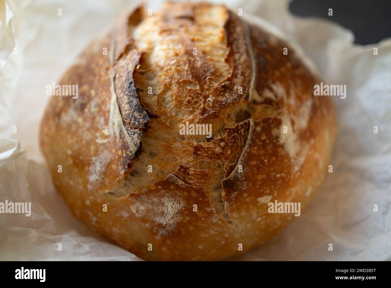 Miche de pain au levain maison sur papier parchemin, gros plan Banque D'Images