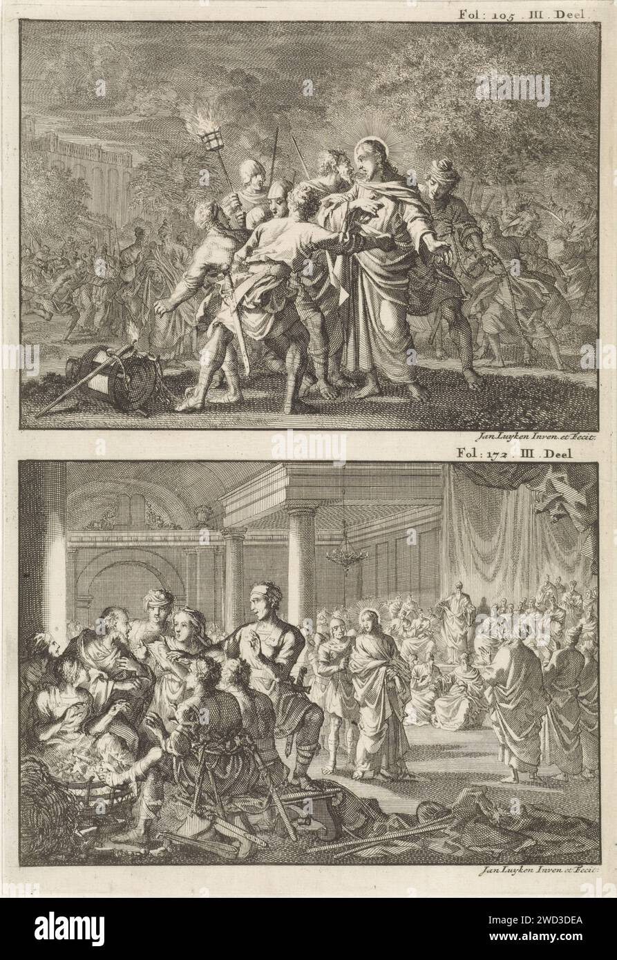 Arrestation du Christ et Pierre refuse Christ, Jan Luyken, 1700 imprimer deux représentations sur une plaque. Ci-dessus : Christ est capturé par des soldats. Ses élèves essaient de le défendre en arrière-plan. Ci-dessous : Pierre se réchauffe avec quelques autres personnes à une tonne de feu et nie son amitié avec Christ. Christ est enlevé en arrière-plan. Amsterdam papier gravure de l'arrestation du Christ  jardin de Gethsémani. Pierre nie Christ, généralement devant une servante et quelques soldats Banque D'Images