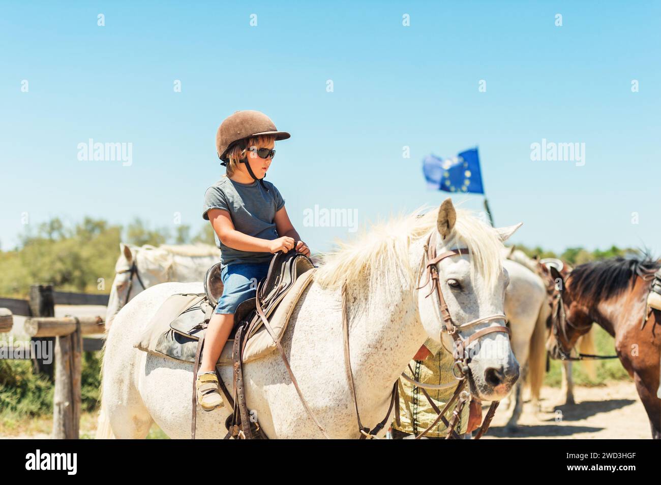 Heureux petit garçon profitant des vacances d'été en Camargue, France. Enfant visitant ranch de chevaux Banque D'Images