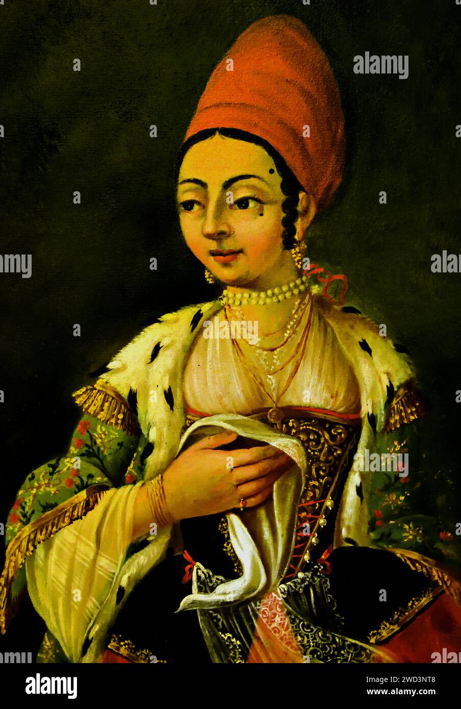 Noble grecque de Fanari, Constantinople, vêtue d'une somptueuse robe de ville ornée d'hermine et de pierres précieuses. Peinture à l'huile Musée Benaki Athènes Grèce. Banque D'Images
