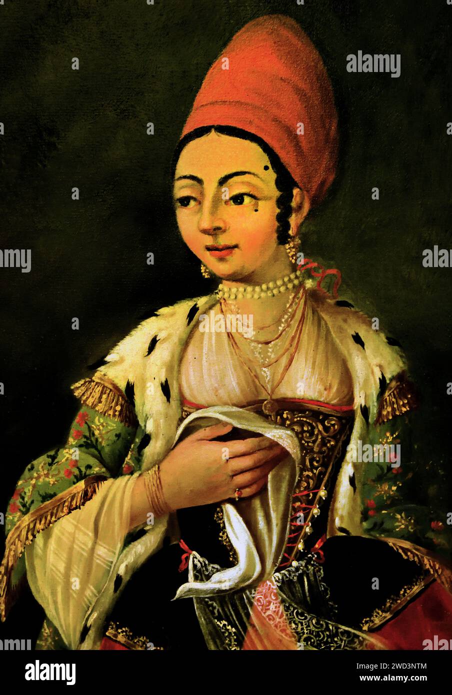 Noble grecque de Fanari, Constantinople, vêtue d'une somptueuse robe de ville ornée d'hermine et de pierres précieuses. Peinture à l'huile Musée Benaki Athènes Grèce. Banque D'Images