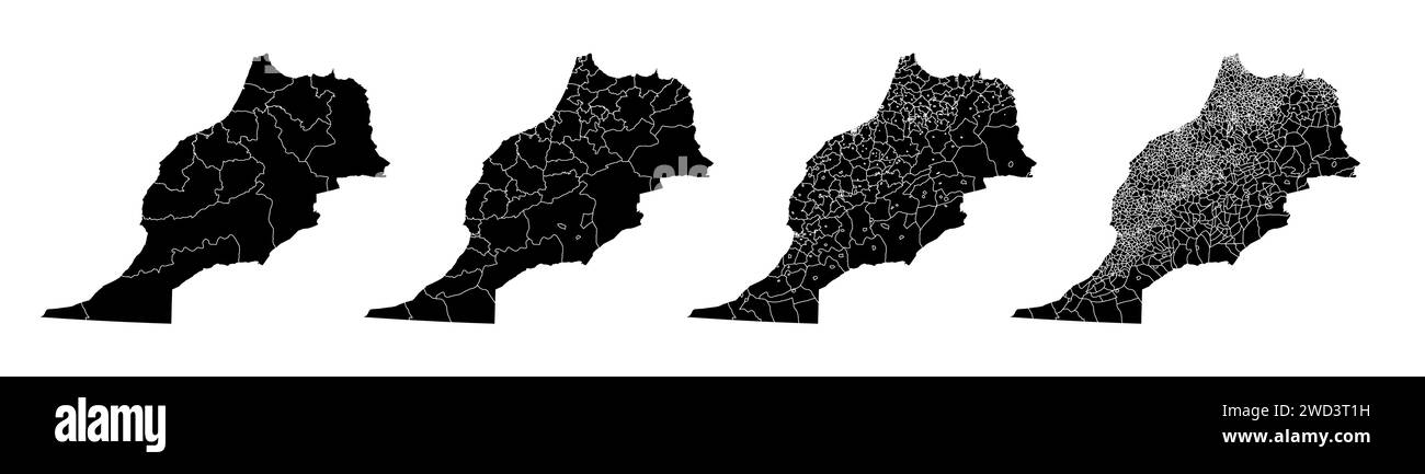 Ensemble de cartes d'état du Maroc avec régions et municipalités division. Frontières du département, cartes vectorielles isolées sur fond blanc. Illustration de Vecteur