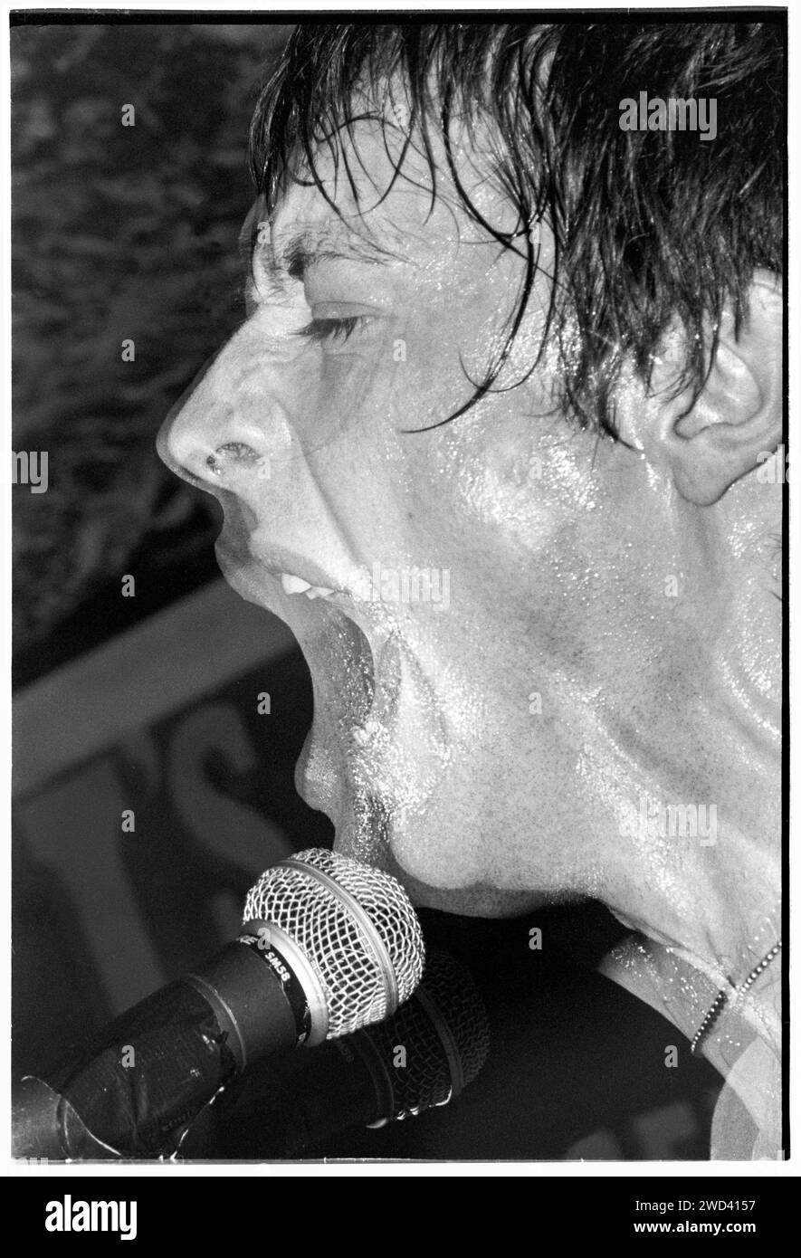 Ed Borrie du groupe punk S*M*A*S*H (SMASH) jouant en live au légendaire TJ's à Newport, pays de Galles, Royaume-Uni, le 21 mars 1994. Photo : Rob Watkins. INFO : SMASH, un groupe de punk britannique des années 90, a adopté l'éthique DIY. Leur son énergique, alimenté par des paroles politiquement chargées, a trouvé la suite. Des hymnes comme « Je veux tuer quelqu'un » et « honte » ont capturé l'esprit rebelle de la scène punk pendant leurs années actives. Banque D'Images