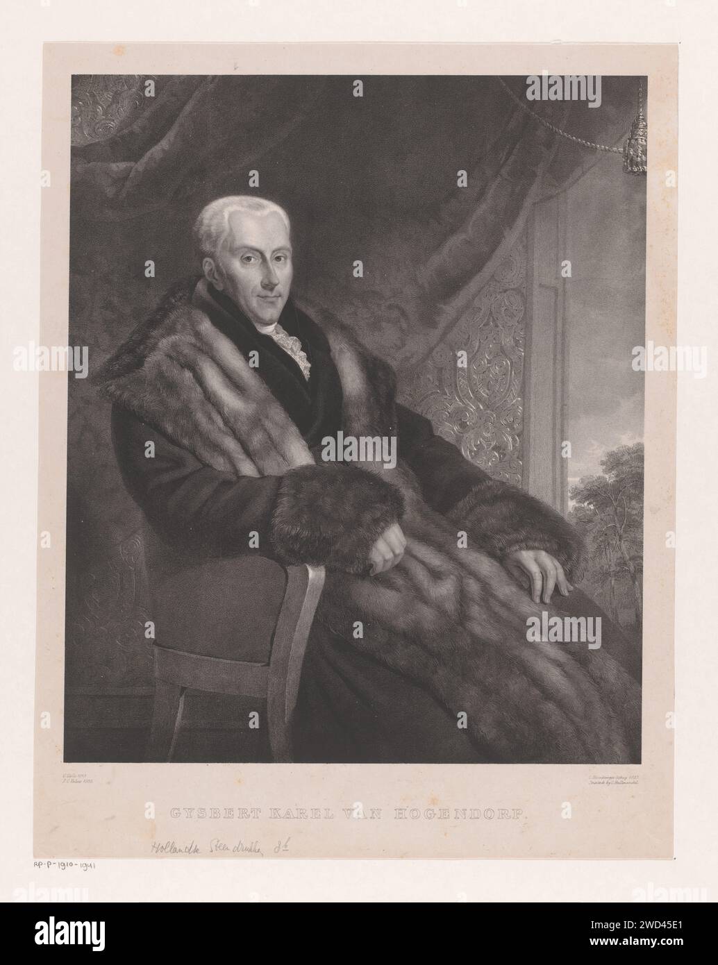 Portrait de Gijsbert Karel van Hogendorp, Coenraad Hamburger, d'après Jean François Valois, d'après Cornelis Cels, 1837 impression la personne représentée est assise près d'une fenêtre et porte une longue veste garnie de fourrure. Sous le portrait se trouvent l'écusson de la famille et le devant et le dos d'une médaille commémorative. Les personnages historiques du papier de la Haye (+ portrait de trois quarts de longueur). siège à fenêtre Banque D'Images