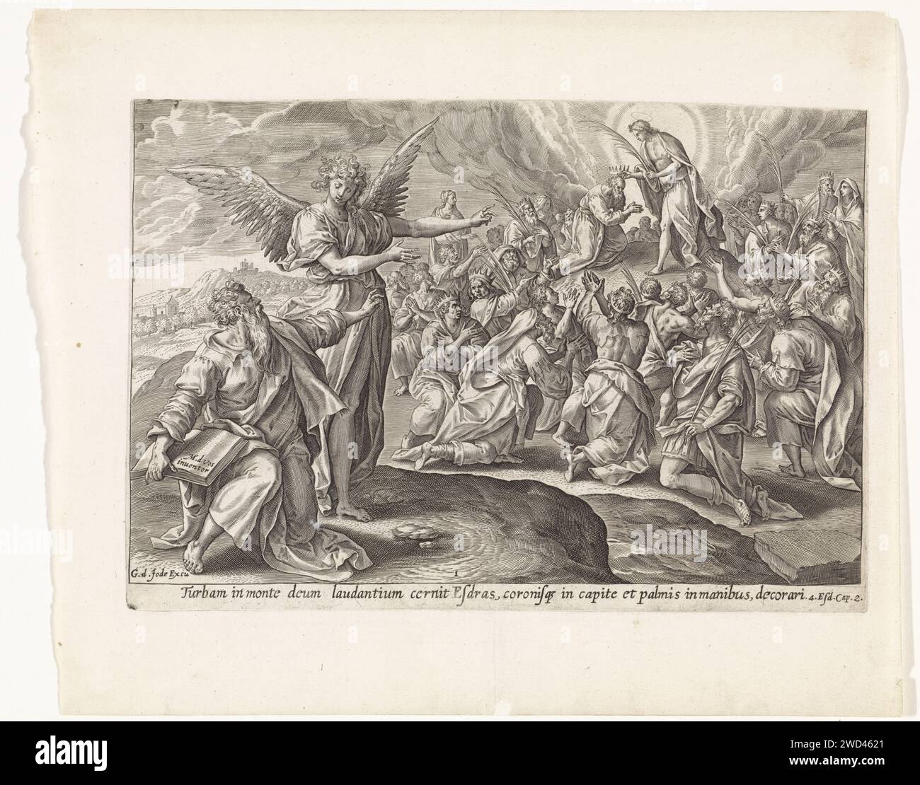 Première vision d'Esdras : le fils de Dieu couronne la foule, Maerten de vos, 1585 print Esdras est au premier plan à droite et est indiqué par un ange pour une vision. Esdras voit le fils de Dieu sur le mont Sion, qui éloigne le peuple et honore ses branches de palmier. Sous la performance une référence en latin au texte de la Bible Apocryphe dans 4 Esdras 2. Anvers gravure sur papier d'autres scènes d'Ezra et Esdras Banque D'Images