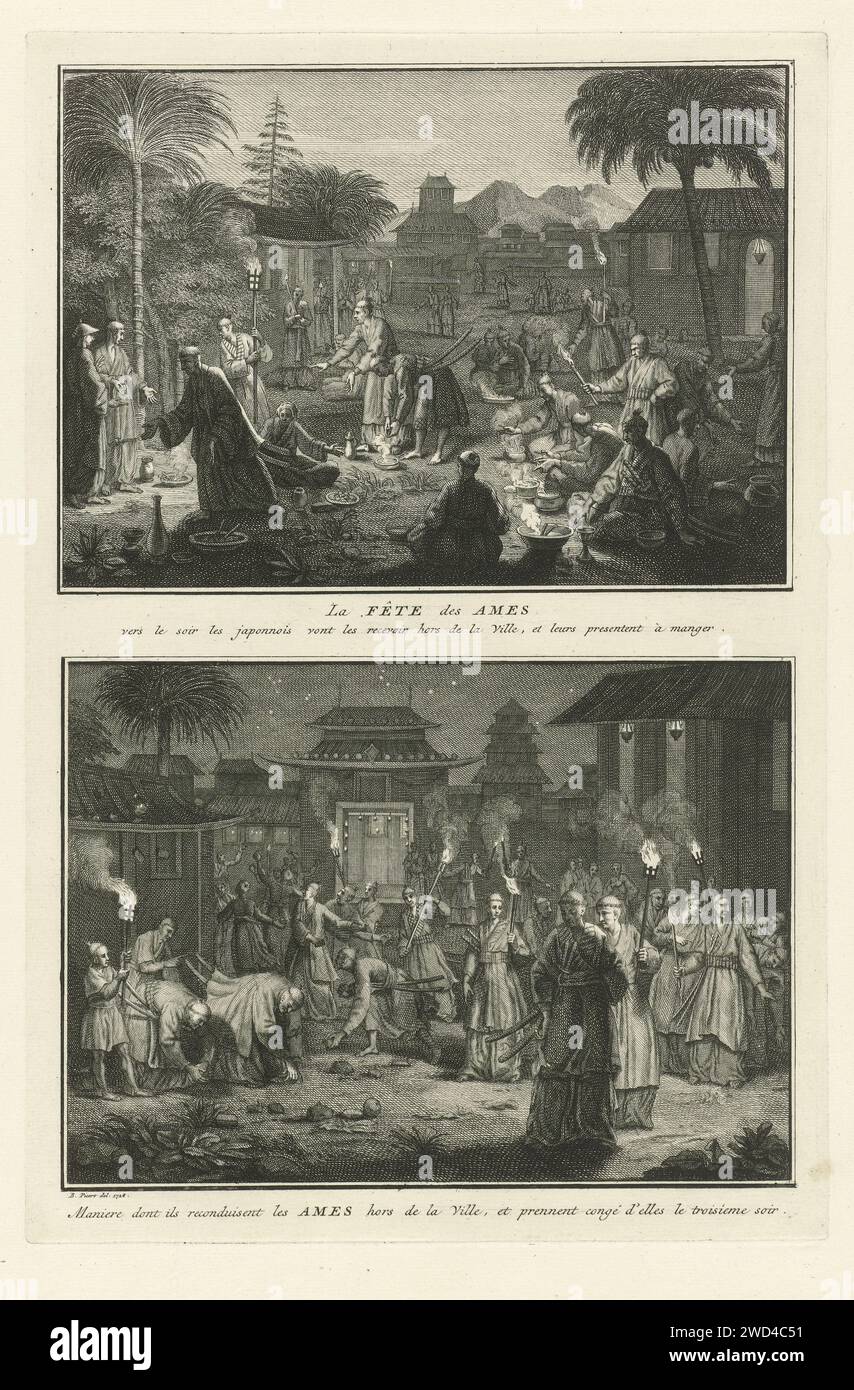 Le Japanese Spirit Festival, Bernard Picart (atelier ou), d'après Bernard Picart, 1728 Print feuille avec deux représentations du Japanese Spirit Festival. A l'étage : les Japonais offrent aux âmes de manger le soir. Ci-dessous : les Japonais mènent les esprits avec des torches dans la nuit hors de la ville. Parmi les performances une légende en français. Amsterdam gravure sur papier / gravure . Banque D'Images