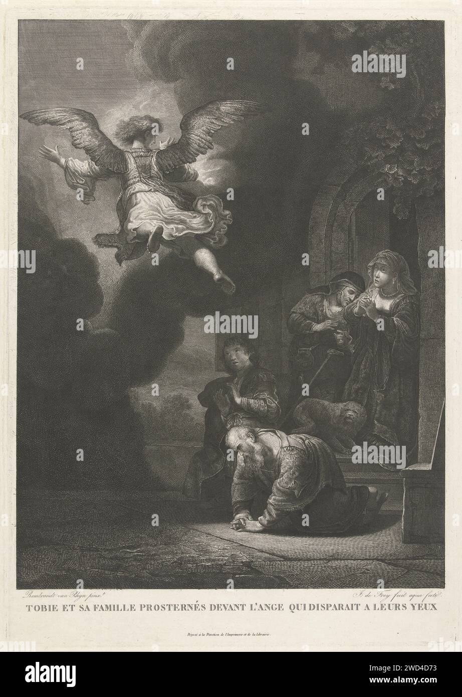 L'Engel quitte Tobias et sa famille, Johannes Pieter de Frey, après Rembrandt van Rijn, 1810 print l'ange Rafaël disparaît entre les nuages et regarde par-dessus son épaule Tobias et sa famille qui se tiennent devant leur maison les mains pliées. Le vieux Tobit est agenouillé sur le sol. Papier gravant le livre de Tobit Banque D'Images