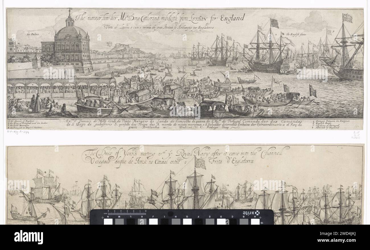 Shifting Catharina van Braganza in Lisbon, Dirk Stoop, 1662 print Catharina van Braganza sort d'une galerie dans un navire devant son histoire pour l'Angleterre, où elle épousera Karel II Elle est accompagnée de ses frères le Roi Alfons VI et Pierre. Il y a des petits et grands navires anglais dans le port. Sur la gauche, le Palais Royal et la ville de Lisbonne. Au bas de la marge, une légende avec des numéros qui se réfèrent aux personnes et aux navires dans le spectacle. Print fait partie d'une série sur le voyage de Catharina de Bragance du Portugal à Londres, où elle a épousé Karel II d'Angleterre, en 1662. Angleterre Banque D'Images
