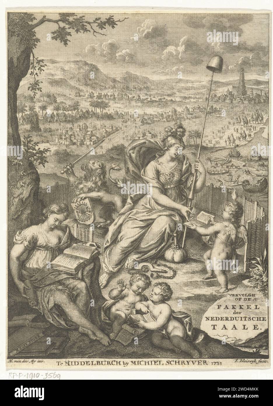 Allégorie sur la langue néerlandaise avec la Vierge néerlandaise et le Lion, François van Bleyswijck, d'après Hieronymus van der me, 1731 impression allégorie sur la langue néerlandaise avec la Vierge néerlandaise assise dans le jardin clos. Elle reçoit un livre d'un putto. Le Hollandse Leeuw fait référence à la République des sept pays-Bas. Le paysage en arrière-plan montre l'arrivée de nombreux peuples à la tour de Babel, Print Maker : Leiden public : Middelburg papier gravure symboles de nations particulières, États, districts, etc. La confusion des langues et la dispersion des gens sur la terre  histoire du to Banque D'Images