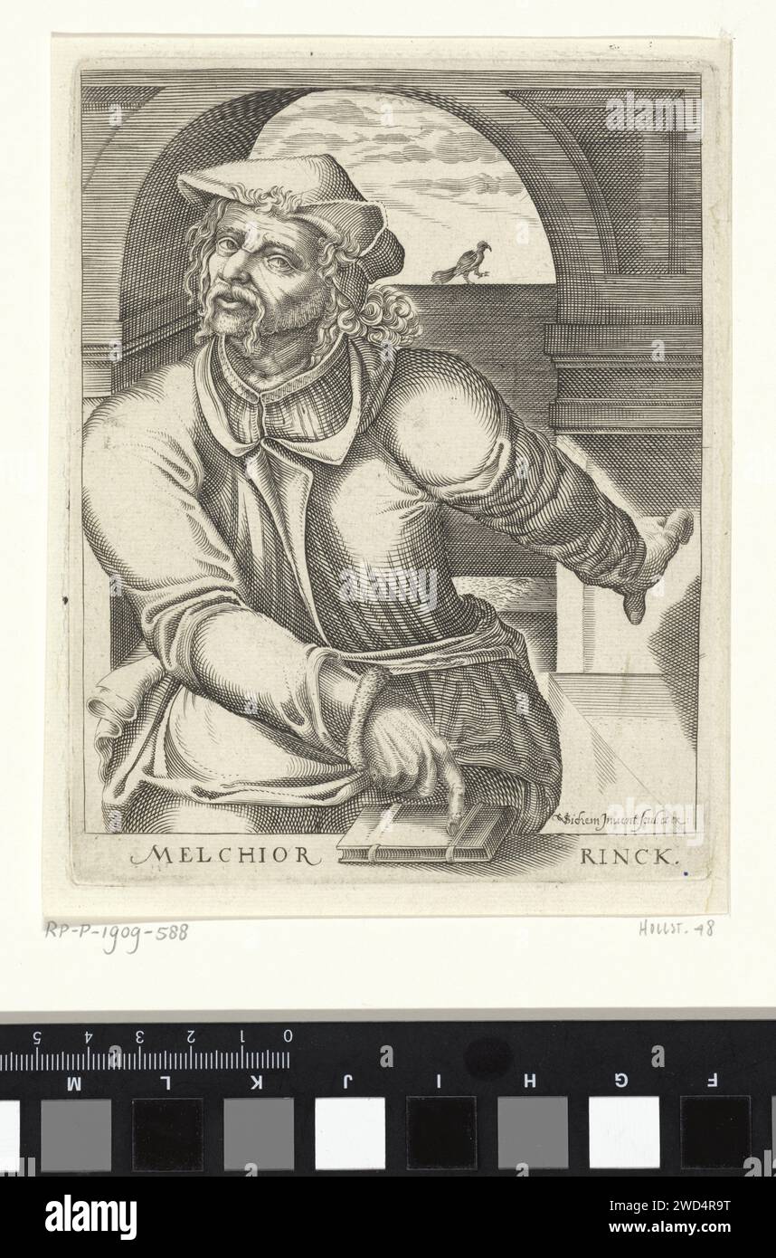 Portrait de Melchior Rinck, Christoffel van Sichem (I), 1677 tirage Portrait du théologien et humaniste Melchior Rinck. Il montre un livre qui se trouve devant lui. Derrière lui une fenêtre dans laquelle court un oiseau. Gravure sur papier Middelburg Banque D'Images