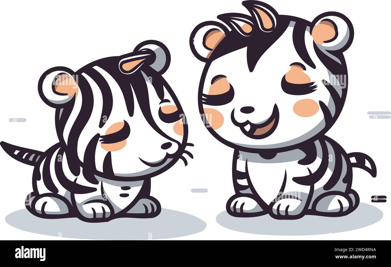 Mignon couple de tigre de bande dessinée isolé sur fond blanc. Illustration vectorielle. Illustration de Vecteur