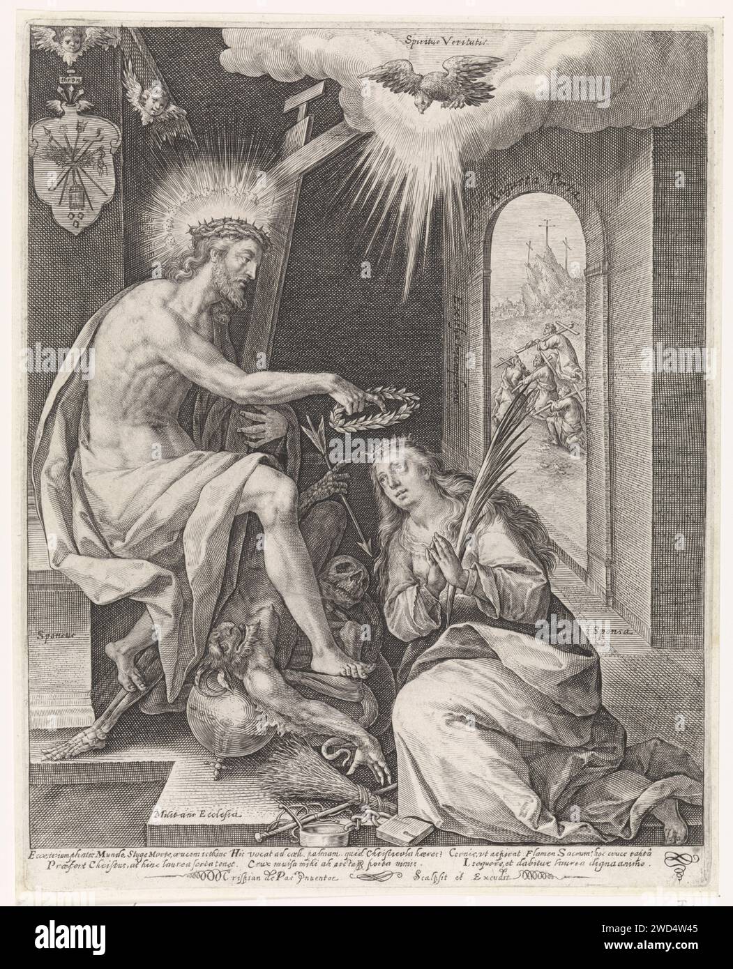 Triomphe de l'Église, Crispijn van de passe (I), 1574 - 1637 imprimer représentation allégorique avec le Christ comme un marié (sponsus) qui couronne son épouse (sponsa) qui s'agenouille pour lui. La femme tient une branche de palmier dans ses mains. Christ est assis sur un trône et piétine la mort qui a été présentée comme un squelette et le diable. Le Saint-Esprit apparaît au-dessus du couple nuptial sous la forme d'un pigeon. A travers une porte, le support de croix du Christ et des criminels et le Mont Golgota peut être vu avec les trois croix. En haut à gauche un blason avec les outils de passion. Dans la marge, une légende de six lignes, Banque D'Images