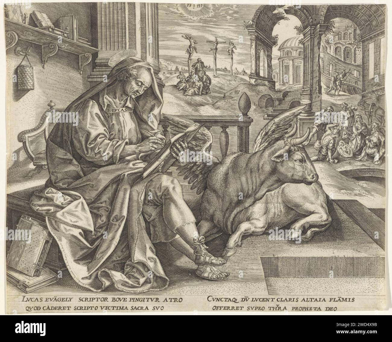 L'évangéliste Lucas, Johannes Wierix, d'après Maerten de vos, 1559 - 1584 imprimer l'évangéliste Lucas écrit son évangile. À côté de lui, le bœuf ailé. En arrière-plan, la crucifixion du Christ et des deux criminels. Maria et d'autres pleurent au pied de la croix. Sur le côté droit, l'adoration de l'enfant Christ par les bergers. Dans la marge, une légende de quatre lignes, en deux colonnes, en latin. Anvers gravure sur papier St. Luc écrit son évangile, généralement un bœuf (ailé) présent. Christ crucifié, avec des personnes particulières sous la croix. Adoration du Christ-enfant par les bergers ; Marie et Joseph Banque D'Images