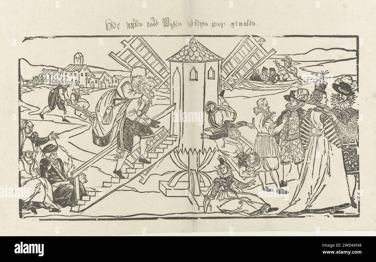 Oudewijvensmolen (moulin de rajeunissement), Anonyme, c. 1580 - c. 1600 impression au milieu d'un moulin dans lequel à gauche des vieilles femmes sont portées à l'intérieur. À droite, ils sont à nouveau rajeunis. A gauche au premier plan trois vieilles femmes, assises par terre. Un homme porte une vieille femme sur son dos dans les escaliers. En arrière-plan, une vieille femme est frappée dans une brouette. À droite, des jeunes femmes élégamment habillées qui tombent du moulin avec deux hommes discutant à côté d'elles. Au premier plan un élégant couple habillé. A droite en arrière-plan une entreprise dans un bateau. Rajeunissement du papier néerlandais Banque D'Images