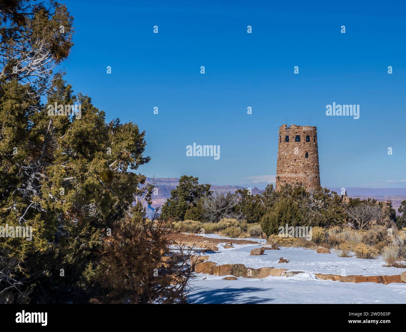 Tour de surveillance Desert View, hiver, parc national du Grand Canyon, Arizona. Banque D'Images