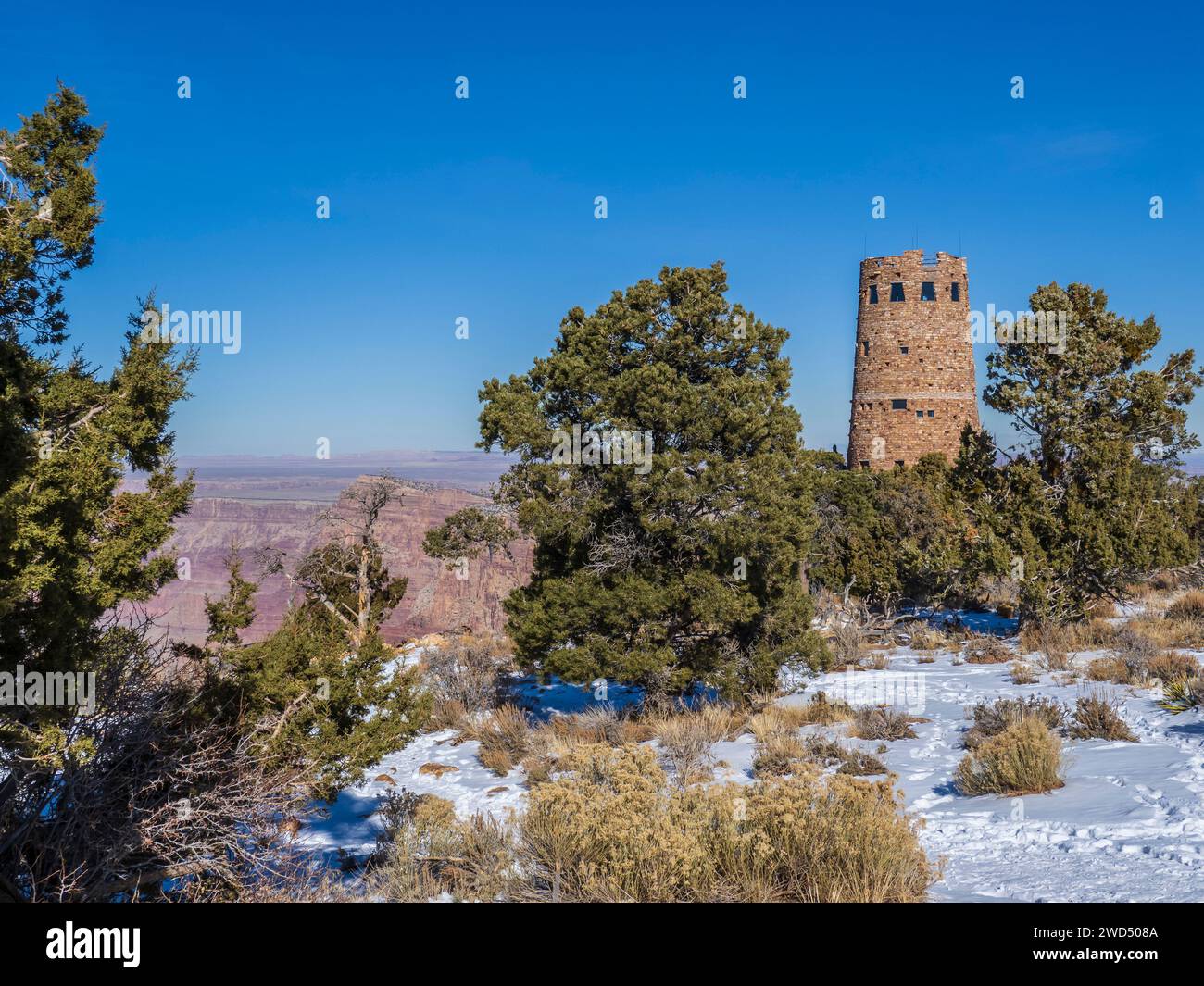 Tour de surveillance Desert View, hiver, parc national du Grand Canyon, Arizona. Banque D'Images