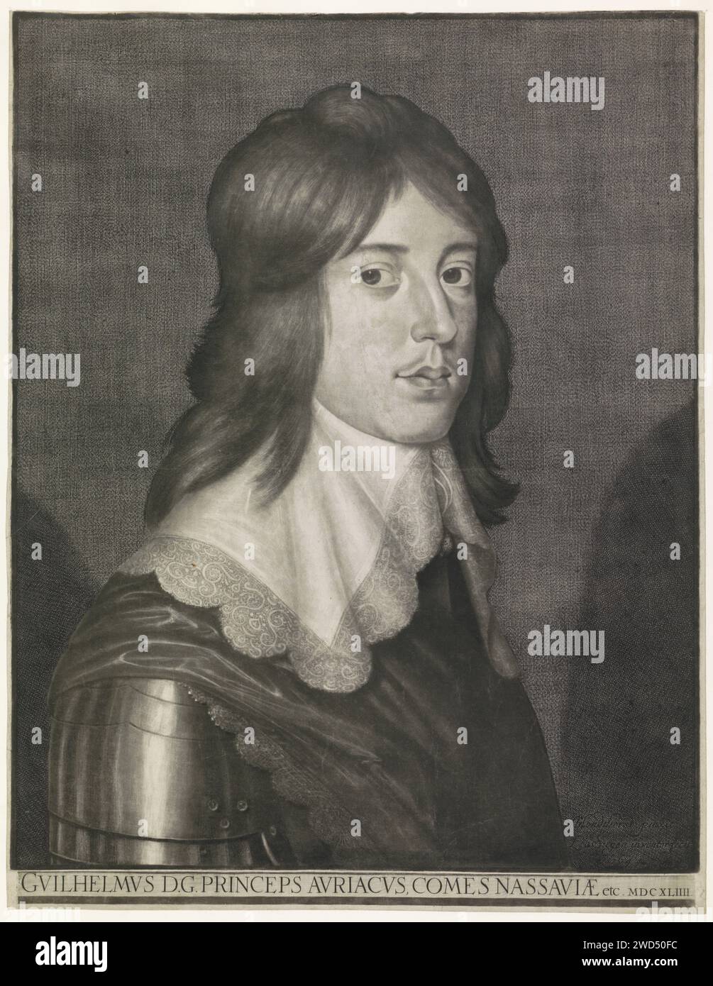 Portrait de Willem II, Prince d'Orange, Ludwig von Siegen, d'après Gérard van Honthorst, tirage de 1644 Willem II, Prince d'Orange, en armure avec un col en dentelle. gravure sur papier Banque D'Images