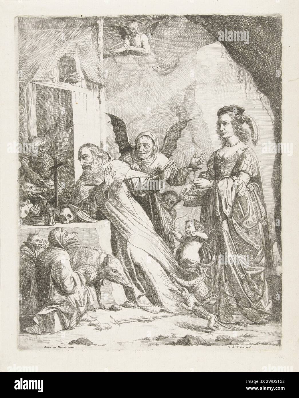 La tentation de St. Antonius, Guillaume Duvivier, d'après Antoine van den Heuvel, c. 1660 - c. 1670 imprimer St. Antonius est agenouillé pour une pierre d'autel sur laquelle un sablier, un sablier, un crâne et une pile de livres. Le diable et les êtres monstrueux le tirent sur son tapis et l'attaquent de toutes sortes de façons. Pour lui le cochon. Derrière lui une dame magnifiquement habillée qui lui offre un verre de vin. Une vieille femme aux ailes du diable tente de le séduire pour le regarder. Au sommet de la grotte un diable volant qui joue un kakebeen. Tentations de gravure sur papier du sud des pays-Bas de St. Antony Abbot Banque D'Images