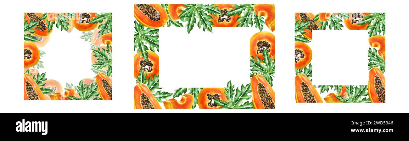 Ensemble de marqueurs de cadres, logos et modèles avec tranche mûre douce de papaye avec des grains, des feuilles tropicales, monstera dans le style aquarelle. realis dessiné à la main Banque D'Images