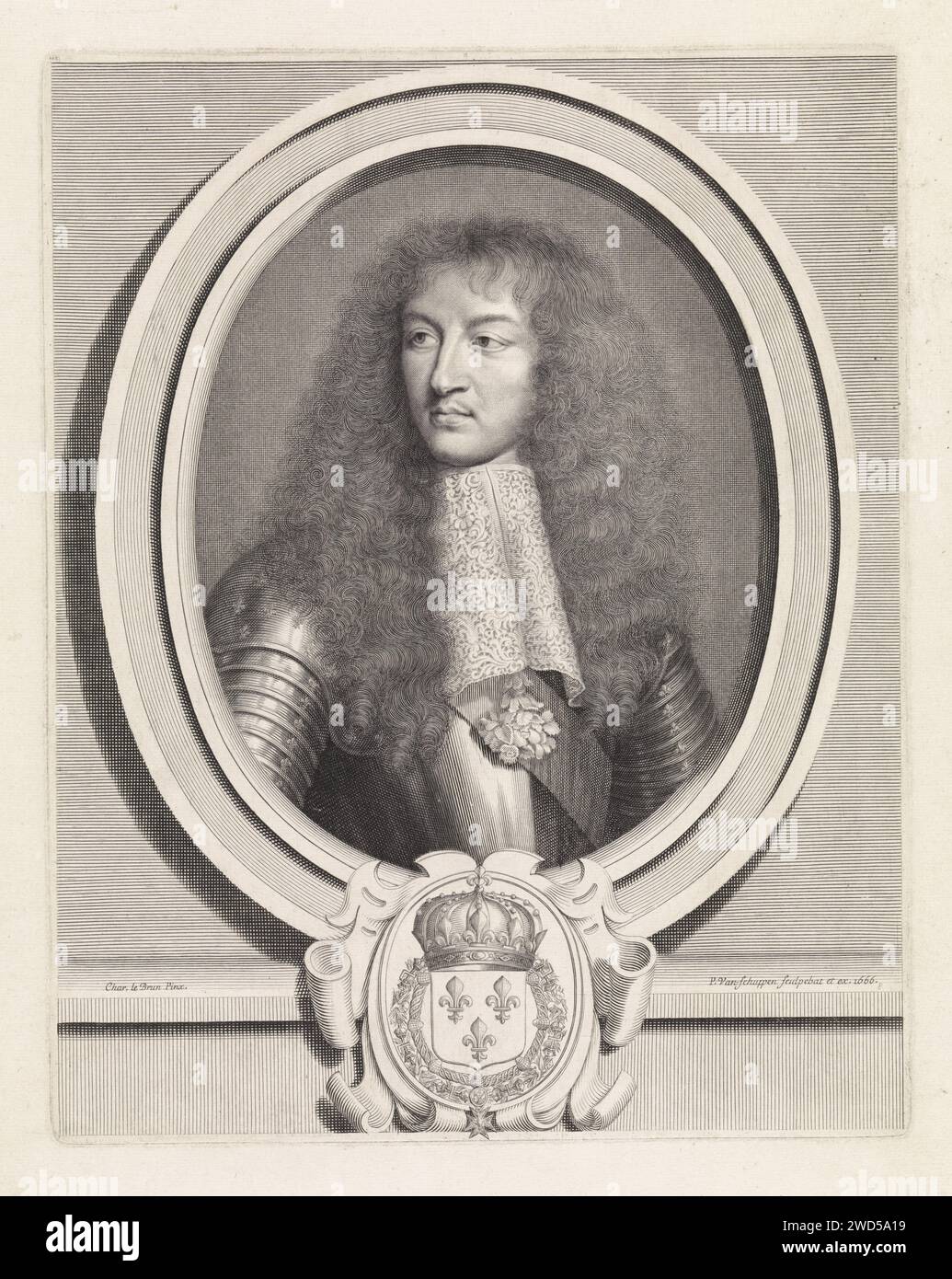 Portrait de Louis XIV, roi de France, avec col en dentelle, Pieter van Schuppen, d'après Charles le Brun, gravure sur papier Paris en 1666 Banque D'Images