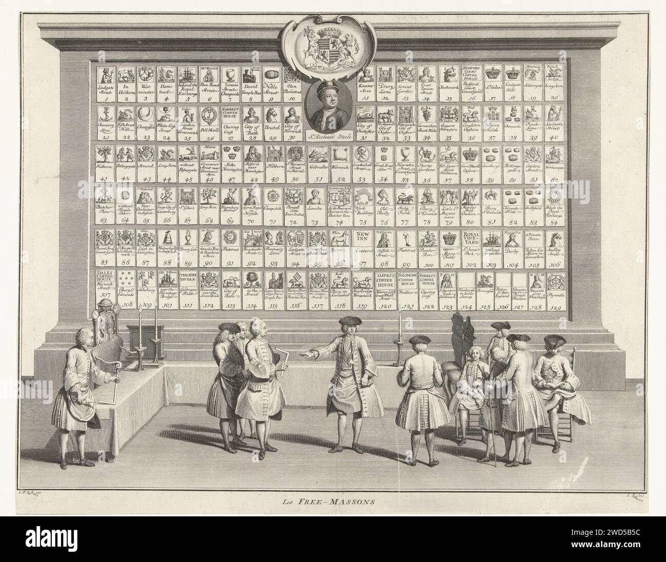 Salle de réunion des francs-maçons, Jacob Folkema, d'après Louis Fabritius Dubourg, 1738 print Lodge franc-maçon où au milieu les maîtres avec carré et passeur se tiennent en main. Sur la droite, un groupe d'hommes représente un jeune homme et un homme de lecture avec un chapeau, tous deux assis sur une chaise. A l'extrême gauche un siège sur une élévation. Au milieu d'un médaillon avec le portrait de Sir Richard Steele et une arme avec la devise : la bonne cause. Gravure / gravure sur papier religions, cultes et doctrines diverses : franc-maçonnerie. personnages historiques. roulement armorial, héraldique. vêtements, costumes (+ vêtements pour hommes) Banque D'Images