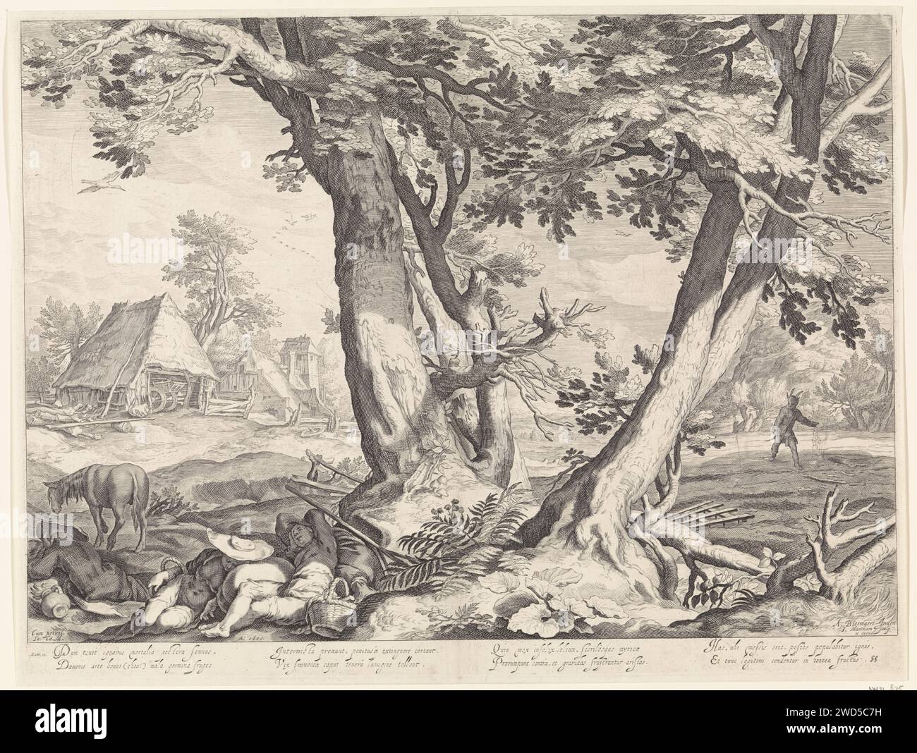 Paysage avec la parabole de de Zaaier, Jacob Matham, d'après Abraham Bloemaert, 1605 print Boot riche paysage avec la parabole du semeur (Matt. 13). A droite le diable qui sème les mauvaises herbes. Haarlem papier gravure le semeur  parabole du Christ (Matthieu 13:3-9, Marc 4:3-9, Luc 8:5-8) Banque D'Images