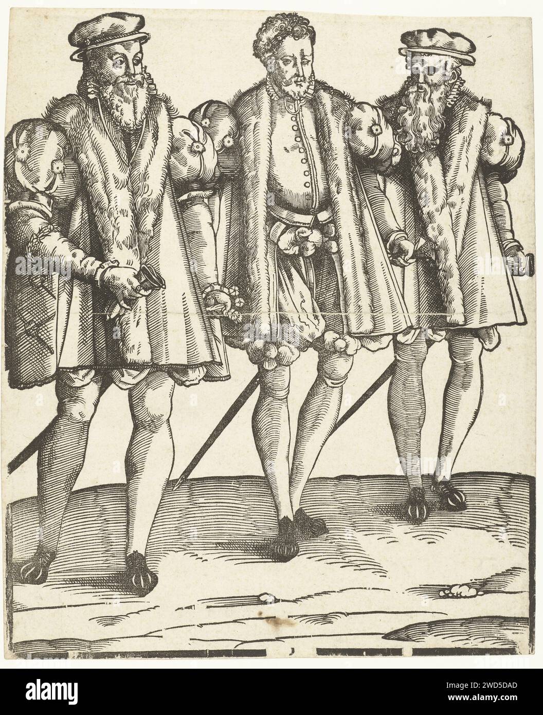 Portrait de Gaspard, François et Odet de Coligny, Anonyme, 1540 - 1560 tirage Odet, cardinal de Châtillon (1517-1571), Gaspard, amiral de France et père de Louise de Coligny (1519-1572) et François, général d'infanterie (1521-1569) sont habillés selon la mode espagnole. Vêtements en papier Low Countries pour la partie supérieure du corps (+ vêtements pour hommes). vêtements pour la partie supérieure du corps (+ fourrure utilisée pour les vêtements). pantalons, culottes, etc (CULOTTES) (+ vêtements pour hommes). gants, mitaines, etc (+ vêtements pour hommes). chaussures, sandales (+ vêtements pour hommes). casque : chapeau (+ vêtements pour hommes). vêtements f Banque D'Images