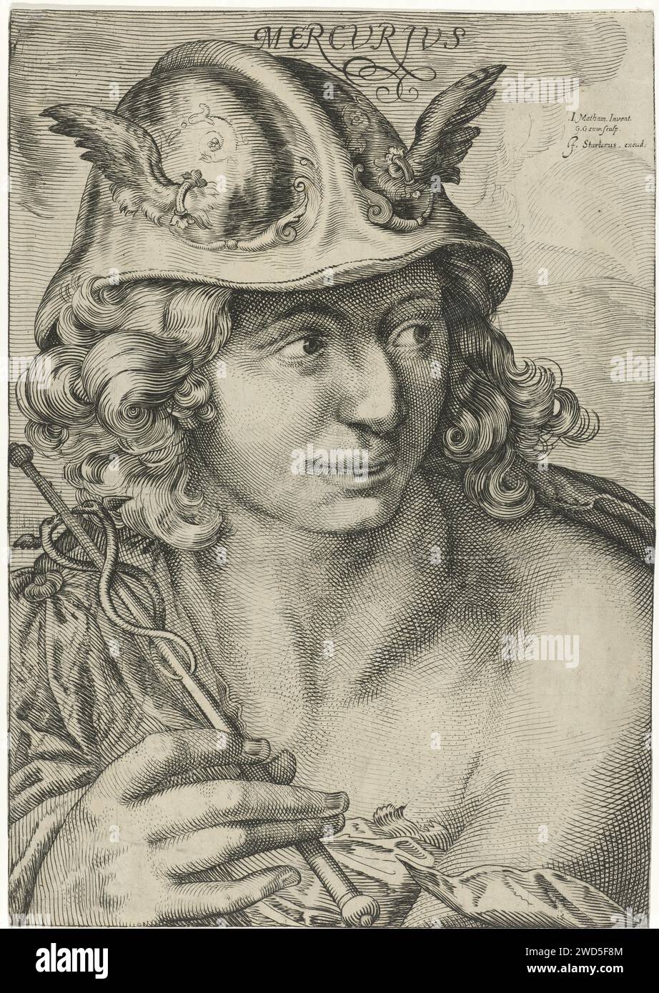 Mercure, Gerrit Gauw, d'après Jacob Matham, 1604 - 1634 imprimer le Dieu Mercure, buste à droite. Il a le Caduceus dans sa main. Après design par : Haarleméditor : Amsterdam gravure sur papier (histoire de) Mercury (Hermes) Banque D'Images