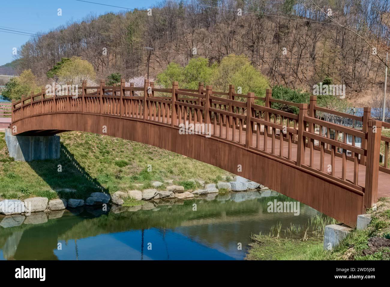 Vue latérale de la passerelle en bois au-dessus du petit ruisseau dans le parc public rural, Corée du Sud, Corée du Sud Banque D'Images