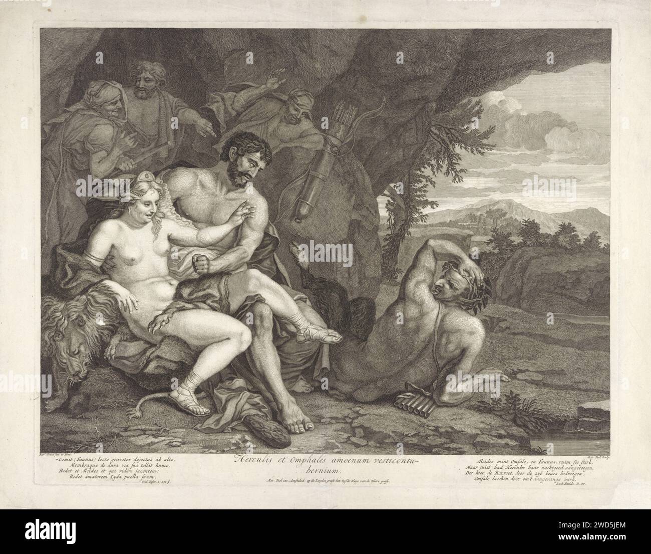 Paysage avec Hercule et Omphale, Matthijs Pool, d'après Barend Graat, 1696 - 1727 imprimer Hercule efféminé et la reine Omphale, avec les attributs d'Hercule, se caressent. PAN - qui est amoureux de la reine - est étendu sur le sol. Il vient d'être expulsé par Hercule. Les serviteurs Omphales sont précipités en arrière-plan. Amsterdam papier gravure / gravure Hercules, en vêtement féminin, donne un coup de pied à Pan du lit d'Omphale Banque D'Images