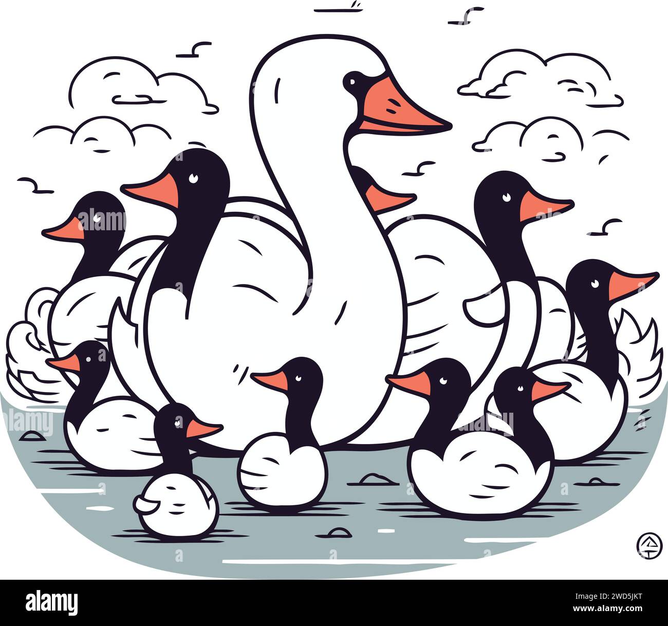 Famille de cygnes avec canetons. Illustration vectorielle dans le style doodle. Illustration de Vecteur