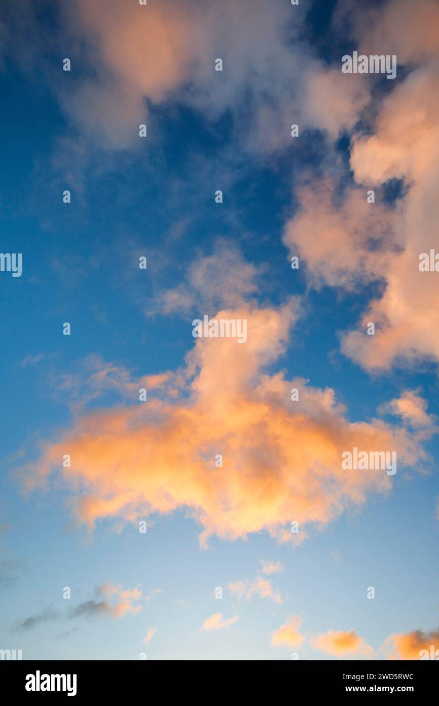 Des nuages de printemps orange ornent le ciel bleu du matin au lever du soleil Banque D'Images