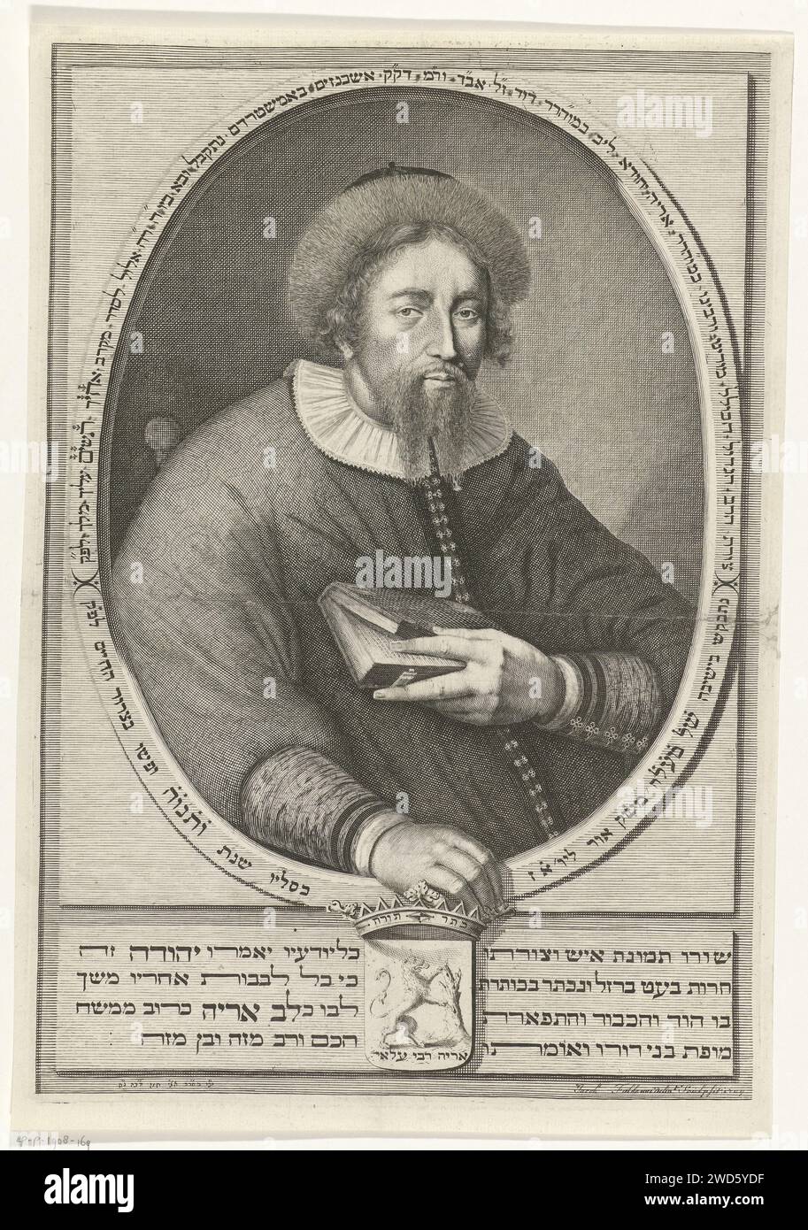 Portret Van Aye Jud AYO LAN LOB KALISCH, Jocob Folkem, 1709 tirage Portrait buste à Ovaal à droite de Aye Judah Löb Kalisch, Chef Rabijn à Amsterdam. Sa tête est ornée d'un chapeau avec Bonten Rand, dans sa main gauche il tient un livre. Autour de l'ovale, il y a une écriture de bordure en hébreu. Sous le portrait, un blason couronné est représenté avec du texte hébreu à gauche et à droite. gravure sur papier / gravure Banque D'Images