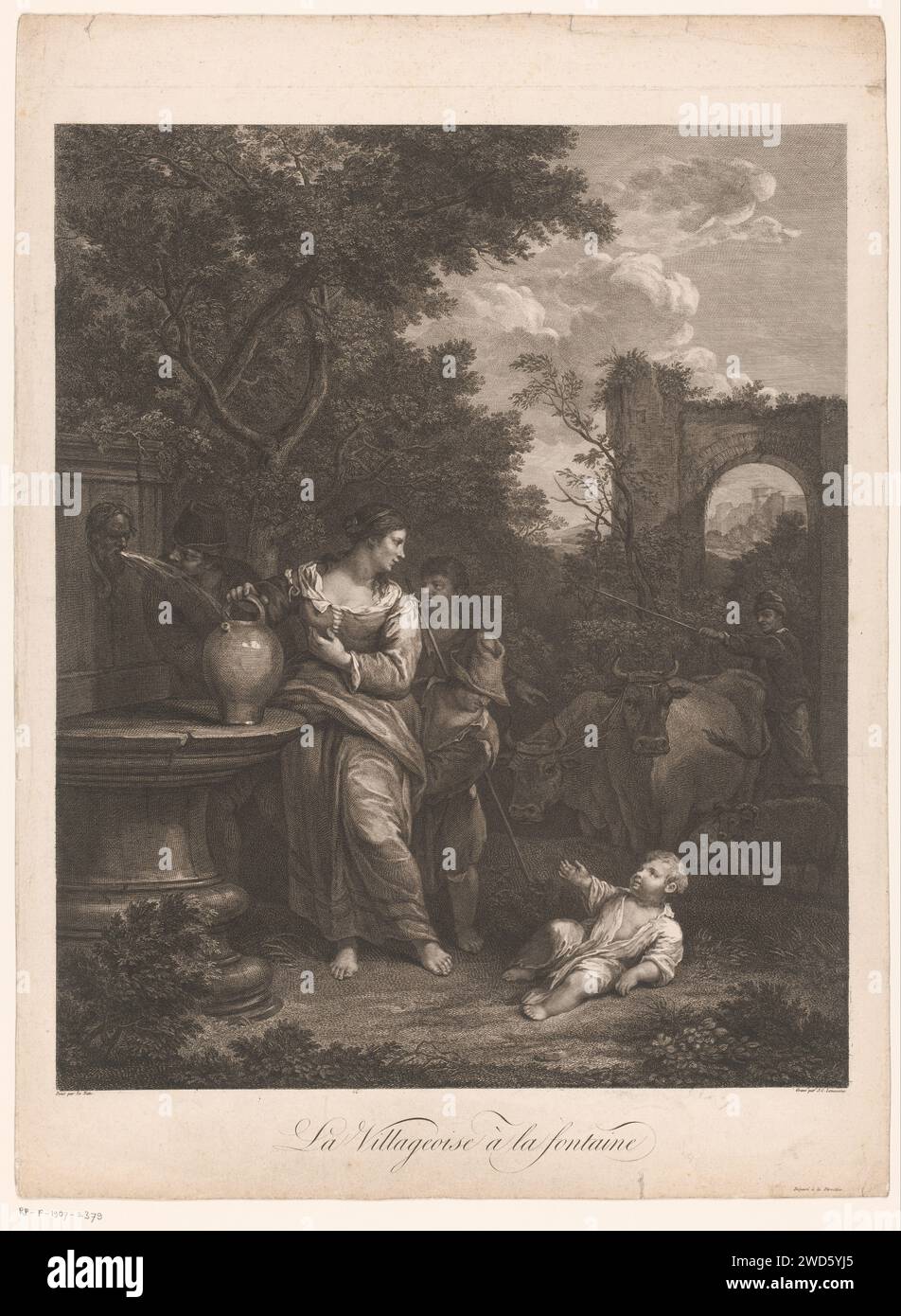 Bergers et voyageurs à une fontaine, Jean Charles le Vasseur, d'après le Nain, 1744 - 1816 papier gravure / gravure utilitaire, pompe publique ou fontaine d'eau. troupeaux, bergers, bergers, bergers, bergers, bergers, vache, etc. 'en route', voyageur en route Banque D'Images