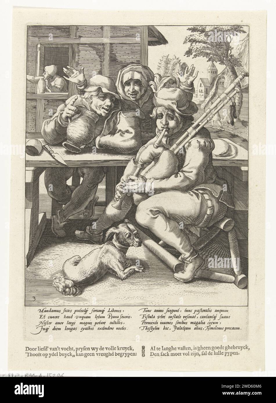La cornemuse ne donne aucun son, puis quand il est plein, Hendrick Goltzius (attribué à l'atelier ou), après Karel van Mander (I), 1590 - 1594 imprimer Un joueur de cornemuse et un ivrogne s'assoient ensemble à la table. Derrière la table une femme avec ses mains est levée. Le joueur de cornemuse est assis sur une chaise tombée, à côté de lui se trouve un chien. Sous le spectacle un verset latin explicatif de Franco Estius et un verset néerlandais. Haarlem gravure sur papier / impression typographique cornemuse, musette. boire. ivrogne Banque D'Images